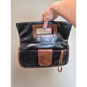 Giannini Fold Over Clutch Wristlet Black Brown Faux Leather Handbag Vintage